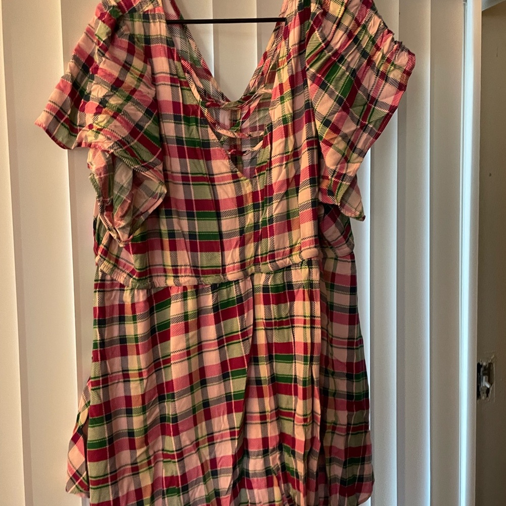 Torrid Green and Pink Flutter Sleeve Ruffled Blouse